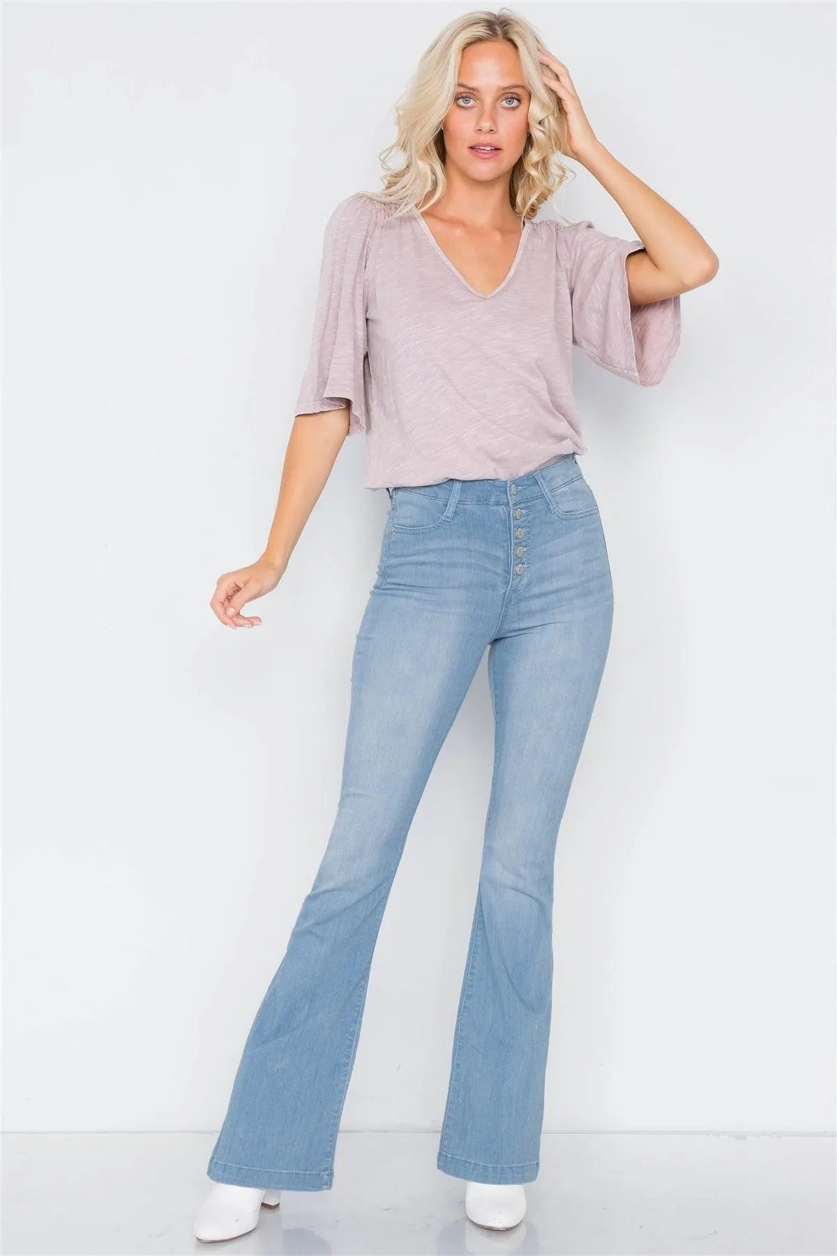 Mauve Ruched Shoulder Bell Short Sleeve Cotton Top /3-2-1 - Tasha Apparel Wholesale