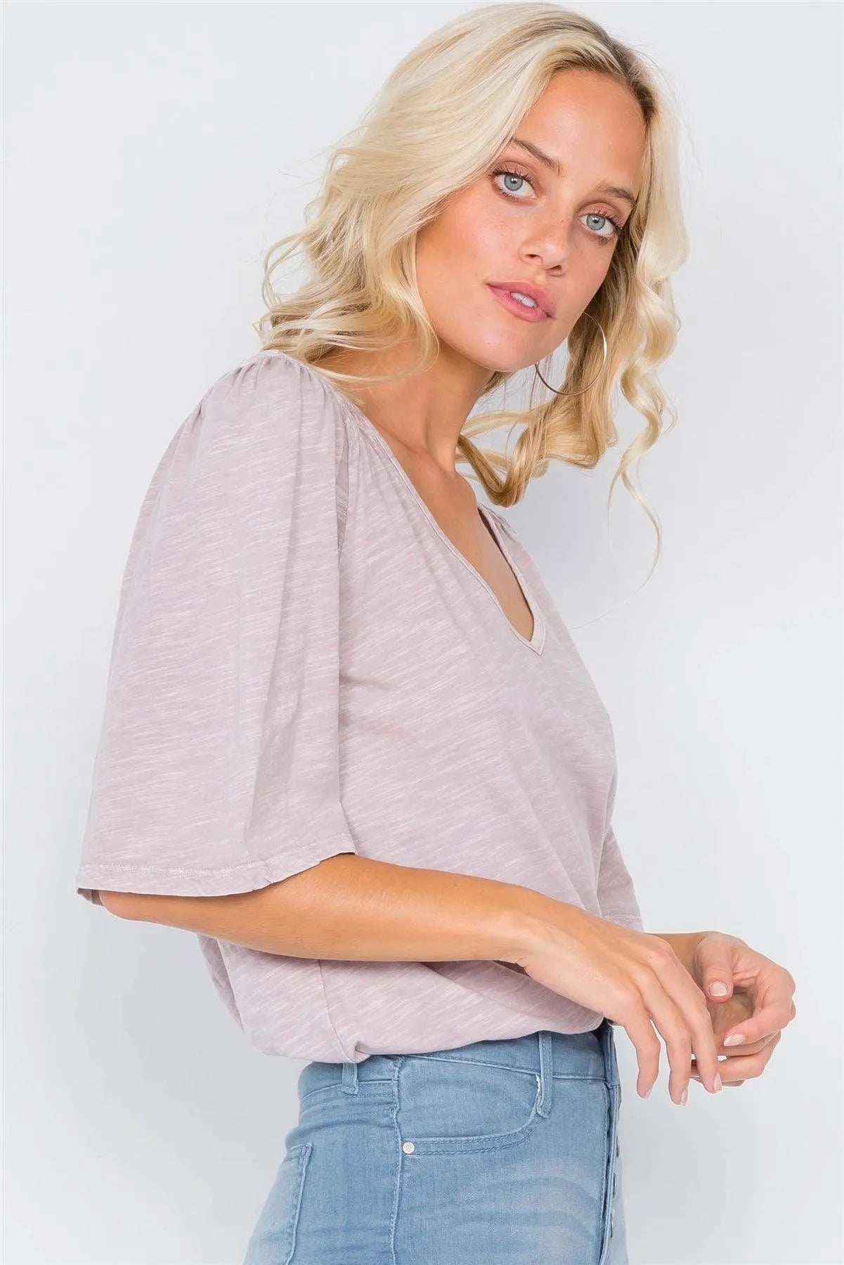 Mauve Ruched Shoulder Bell Short Sleeve Cotton Top /3-2-1 - Tasha Apparel Wholesale