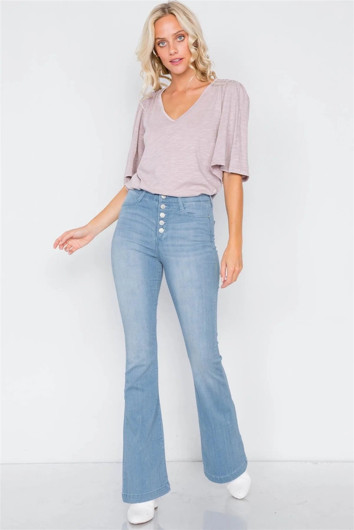 Mauve Ruched Shoulder Bell Short Sleeve Cotton Top /3-2-1 - Tasha Apparel Wholesale