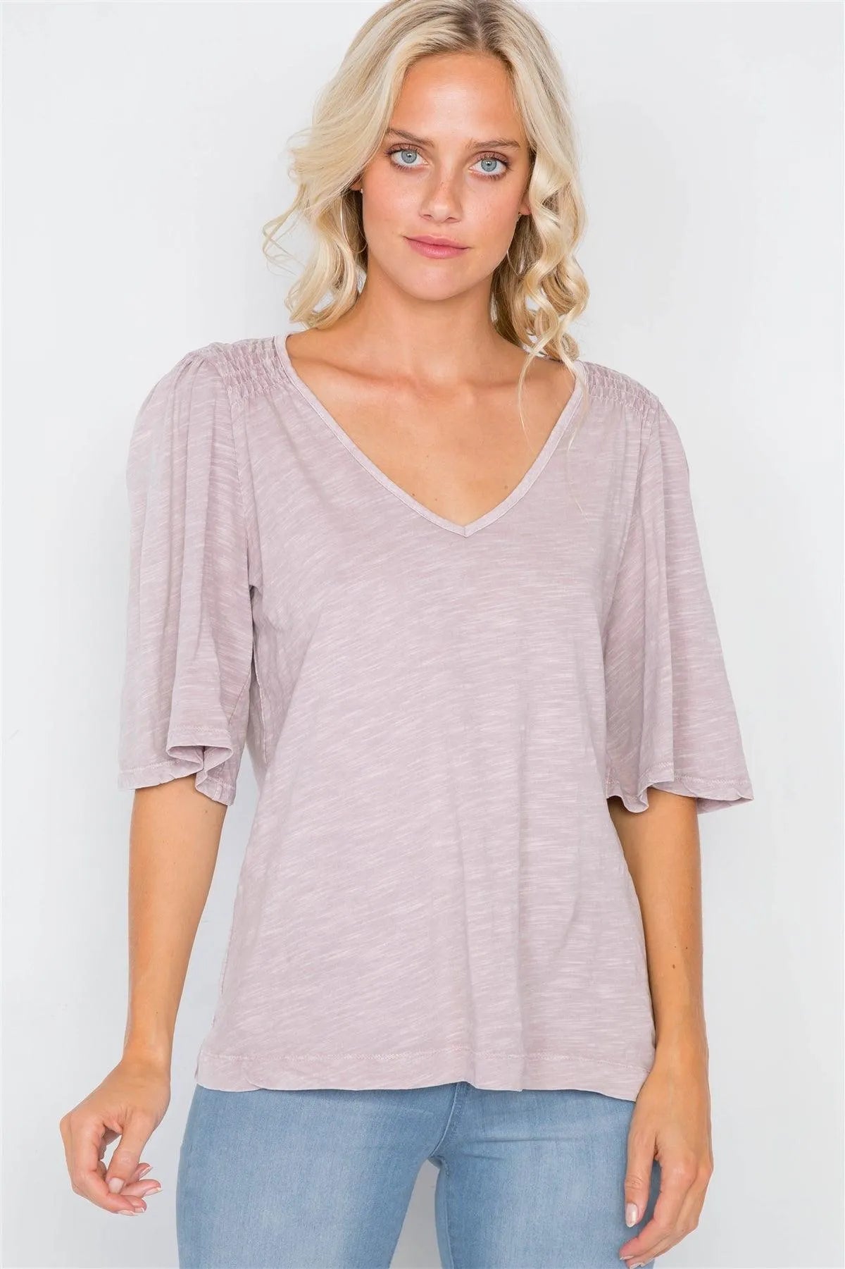 Mauve Ruched Shoulder Bell Short Sleeve Cotton Top /3-2-1 - Tasha Apparel Wholesale