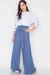 Satin Indian Blue Wide Flare Leg Hight-Waist Pants /3-2-1 - Tasha Apparel Wholesale