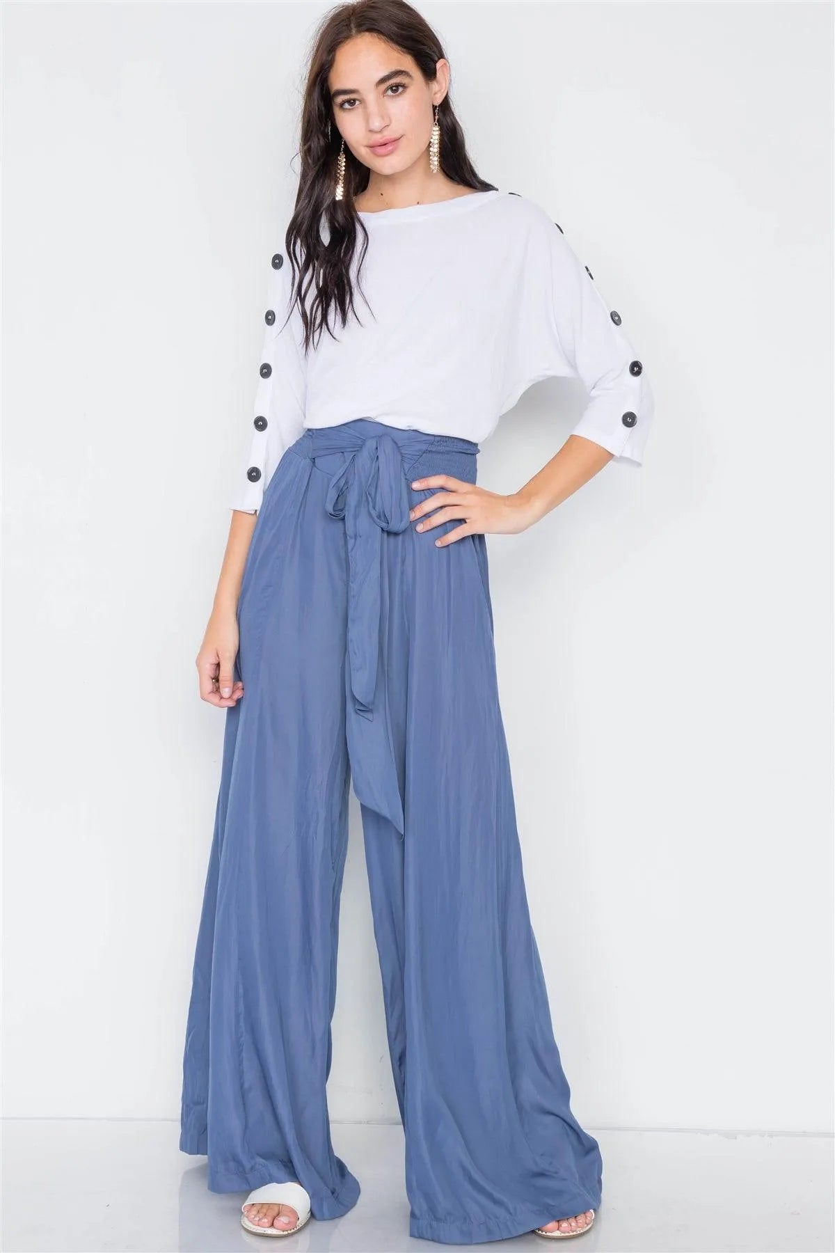 Satin Indian Blue Wide Flare Leg Hight-Waist Pants /3-2-1 - Tasha Apparel Wholesale