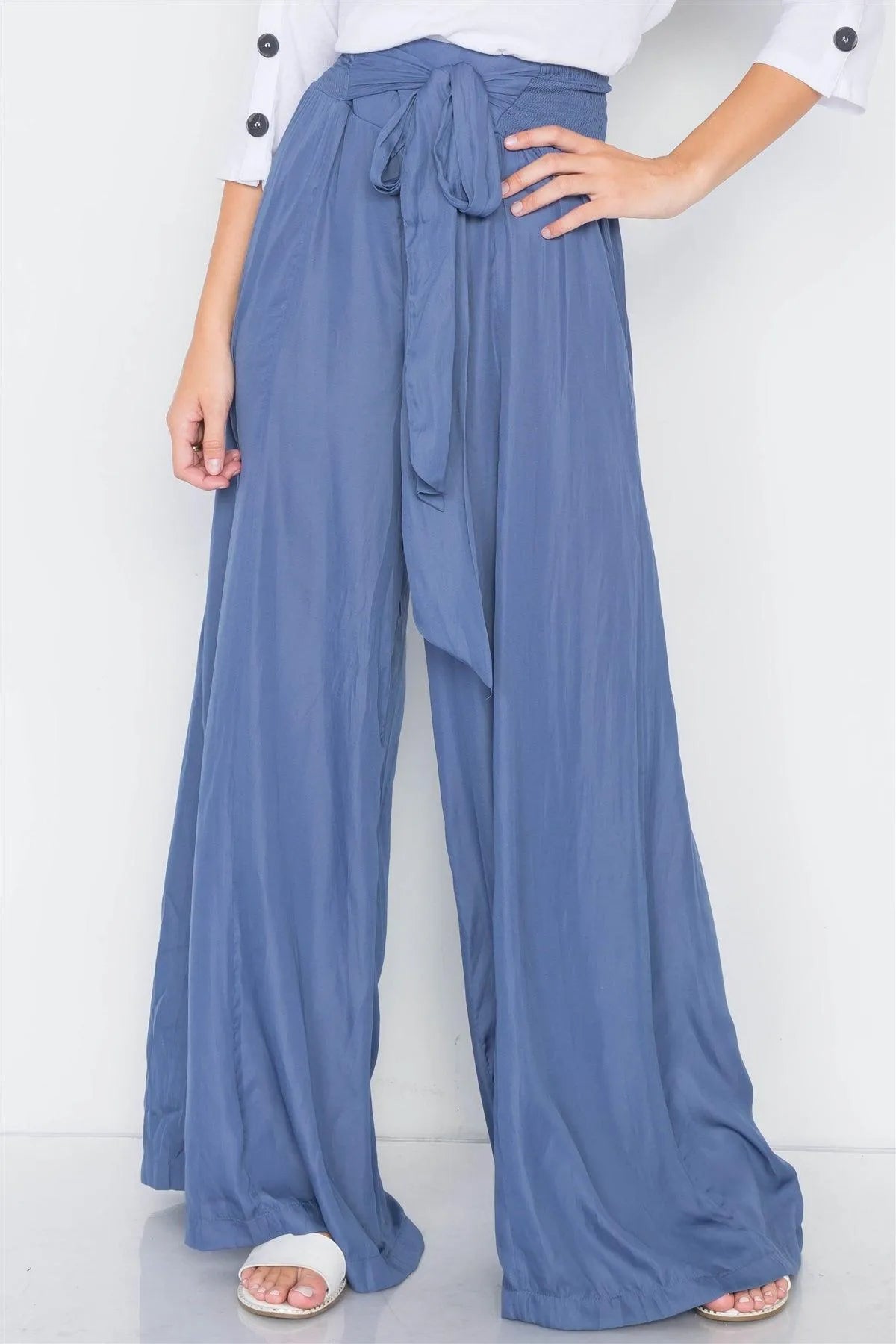 Satin Indian Blue Wide Flare Leg Hight-Waist Pants /3-2-1 - Tasha Apparel Wholesale