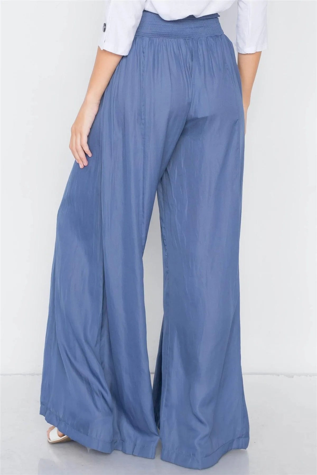 Satin Indian Blue Wide Flare Leg Hight-Waist Pants /3-2-1 - Tasha Apparel Wholesale