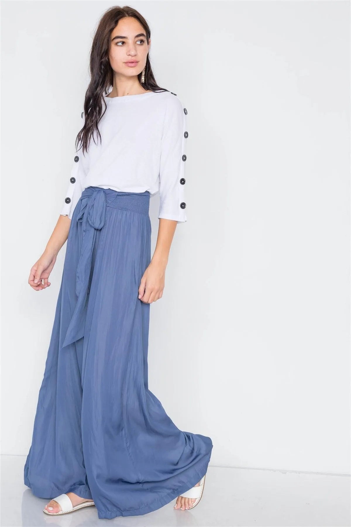 Satin Indian Blue Wide Flare Leg Hight-Waist Pants /3-2-1 - Tasha Apparel Wholesale