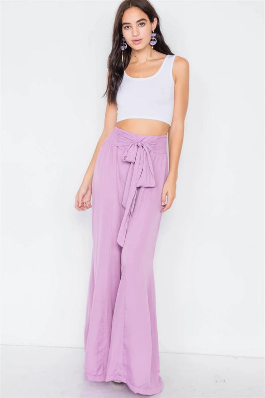 Satin Lilac Wide Flare Leg Hight-Waist Pants /3-2-1 - Tasha Apparel Wholesale