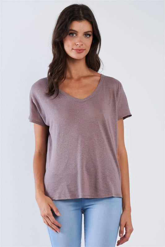 Mocha Shortsleeved Backside Cookie Cut Out V-Neck Loose Fitting Casual Top /3-2-1 - Tasha Apparel Wholesale
