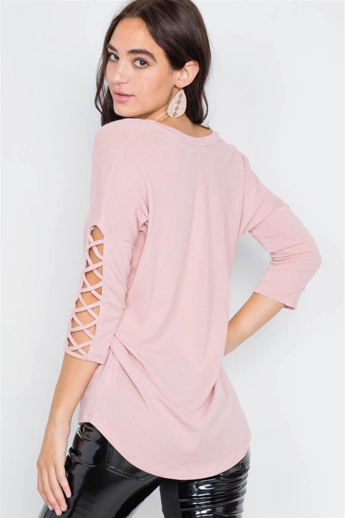 Dusty Pink Drop Shoulder Braided Sleeve Round Hem Top /3-2-1 - Tasha Apparel Wholesale