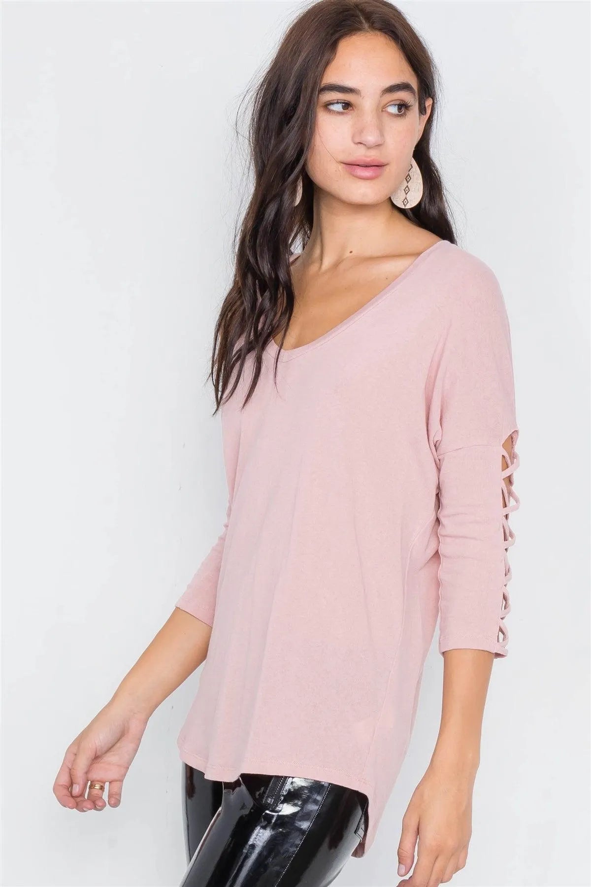 Dusty Pink Drop Shoulder Braided Sleeve Round Hem Top /3-2-1 - Tasha Apparel Wholesale