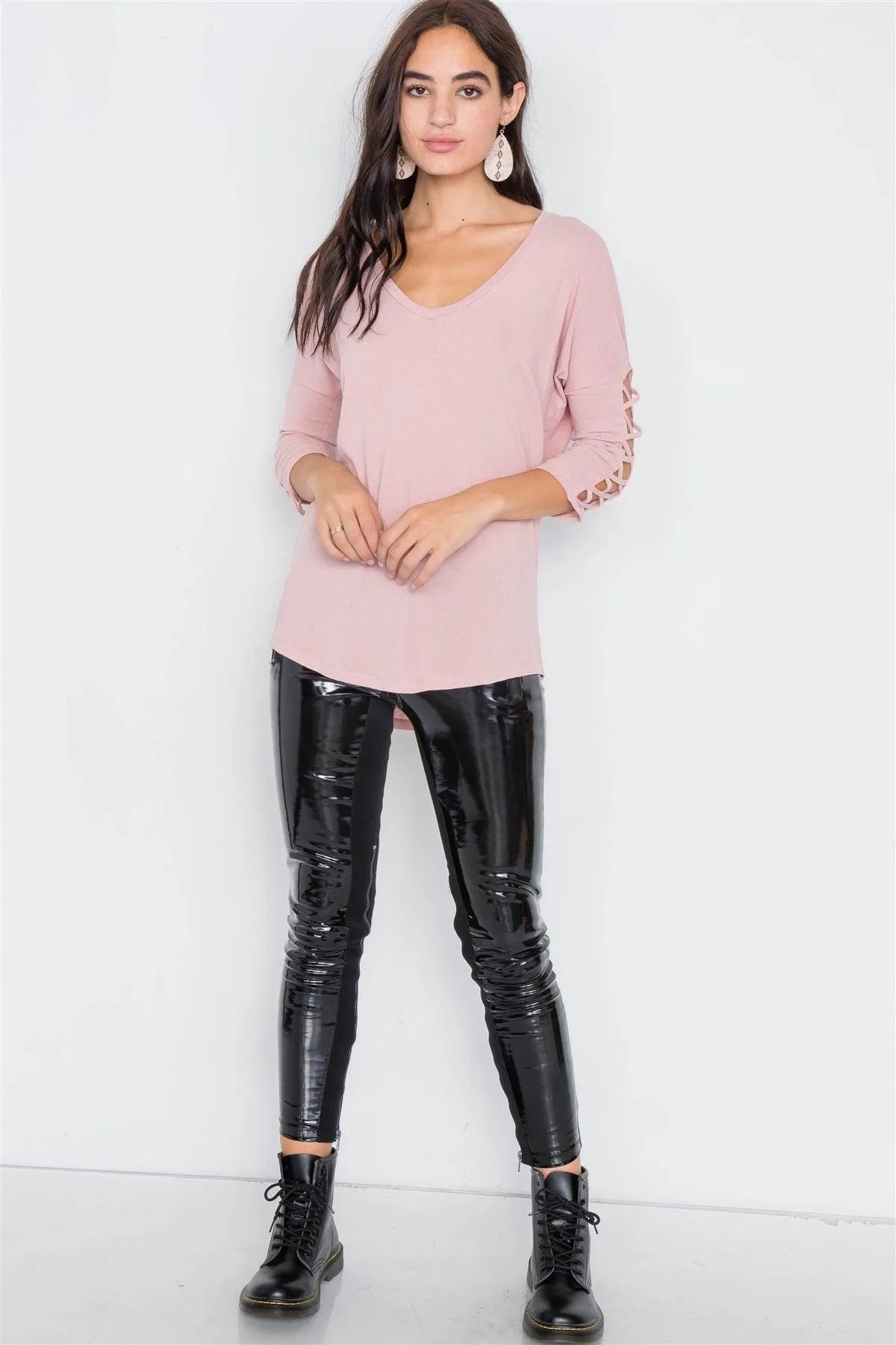 Dusty Pink Drop Shoulder Braided Sleeve Round Hem Top /3-2-1 - Tasha Apparel Wholesale