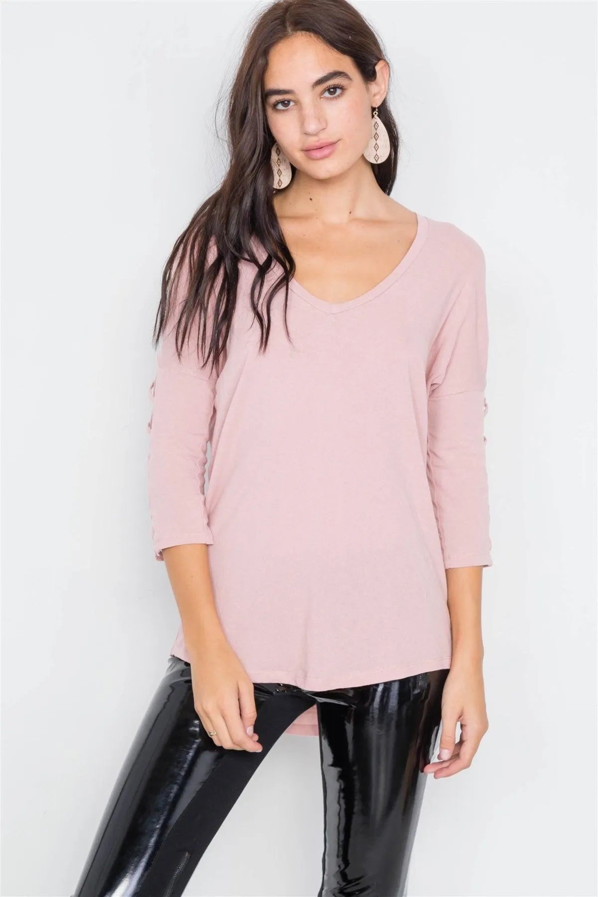 Dusty Pink Drop Shoulder Braided Sleeve Round Hem Top /3-2-1 - Tasha Apparel Wholesale