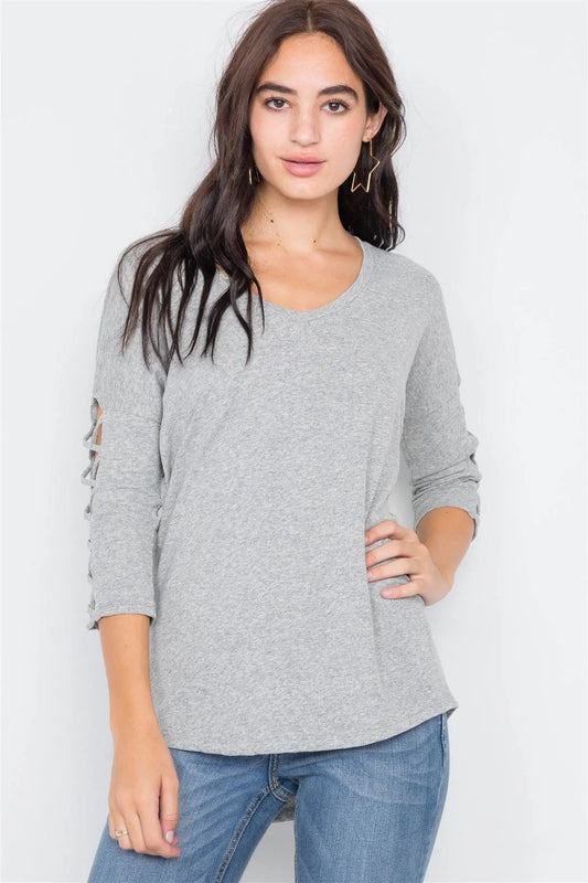 Heather Grey Drop Shoulder Braided Sleeve Round Hem Top /3-2-1 - Tasha Apparel Wholesale