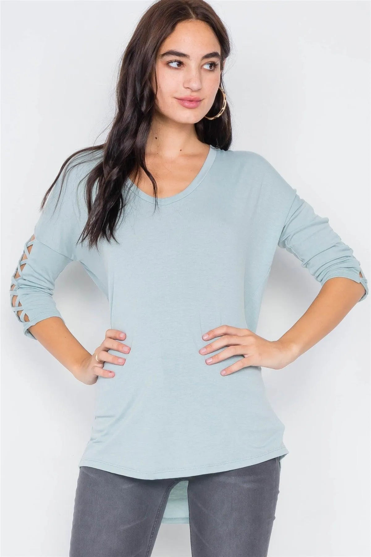 Sage Drop Shoulder Braided Sleeve Round Hem Top /3-2-1 - Tasha Apparel Wholesale