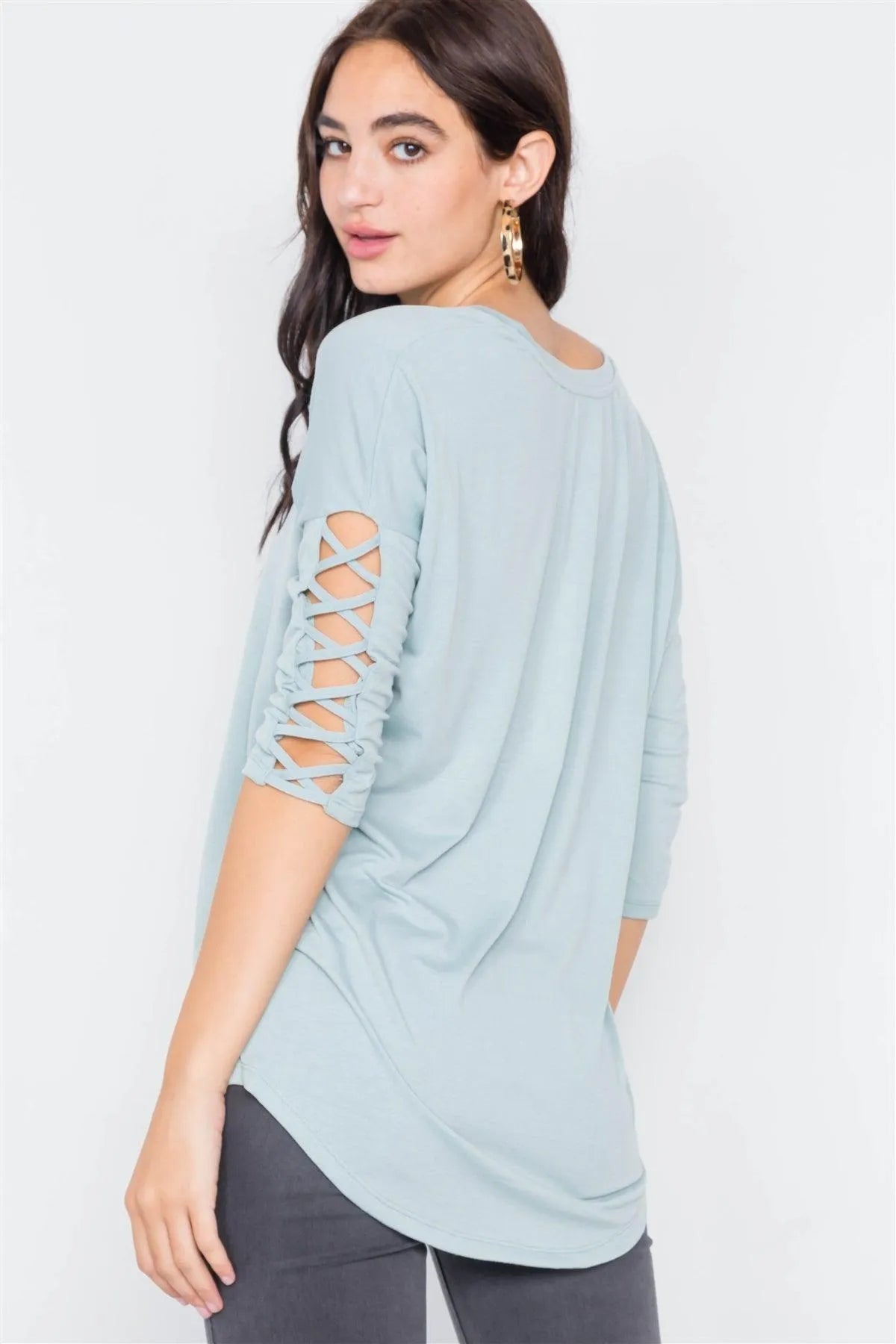 Sage Drop Shoulder Braided Sleeve Round Hem Top /3-2-1 - Tasha Apparel Wholesale