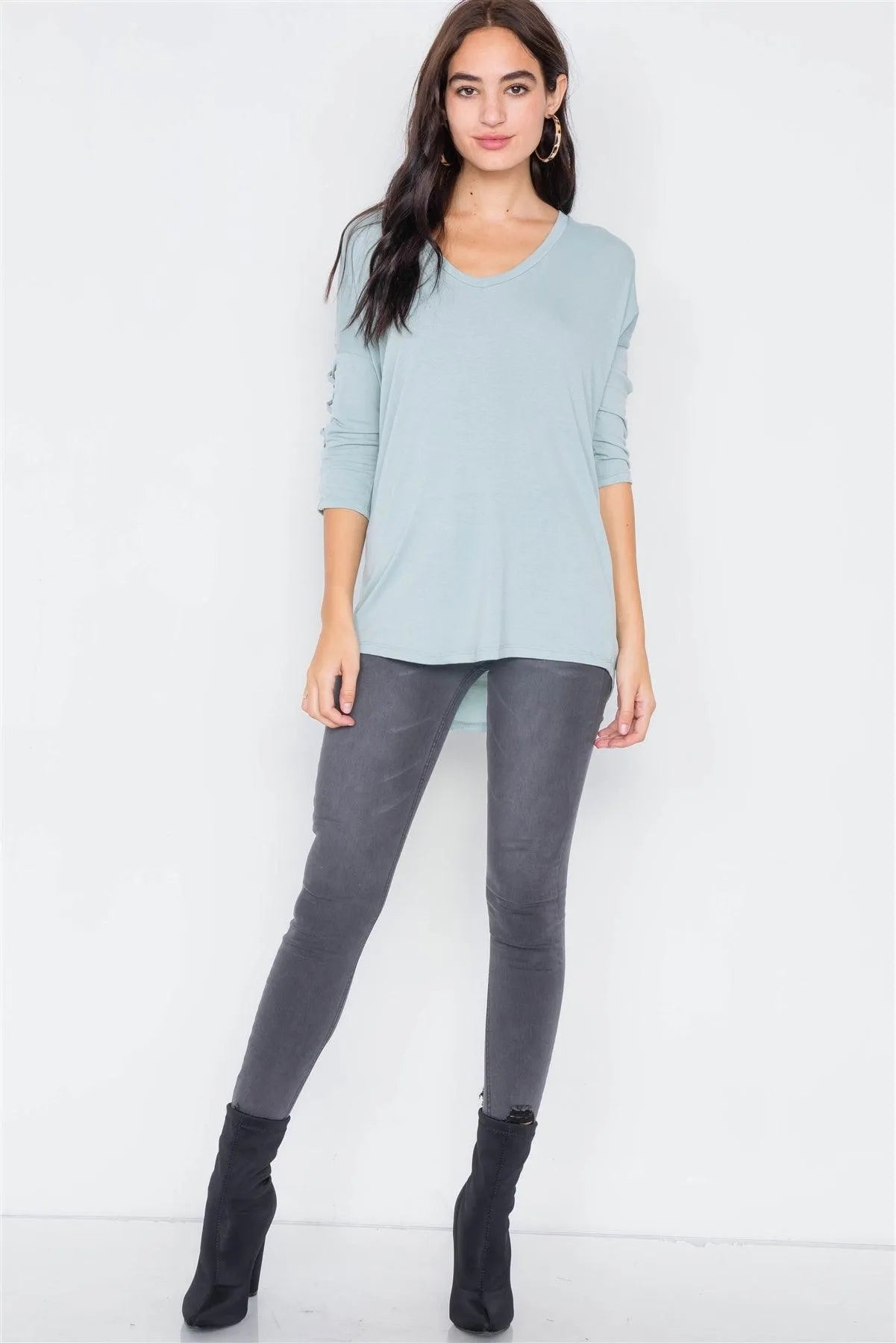 Sage Drop Shoulder Braided Sleeve Round Hem Top /3-2-1 - Tasha Apparel Wholesale