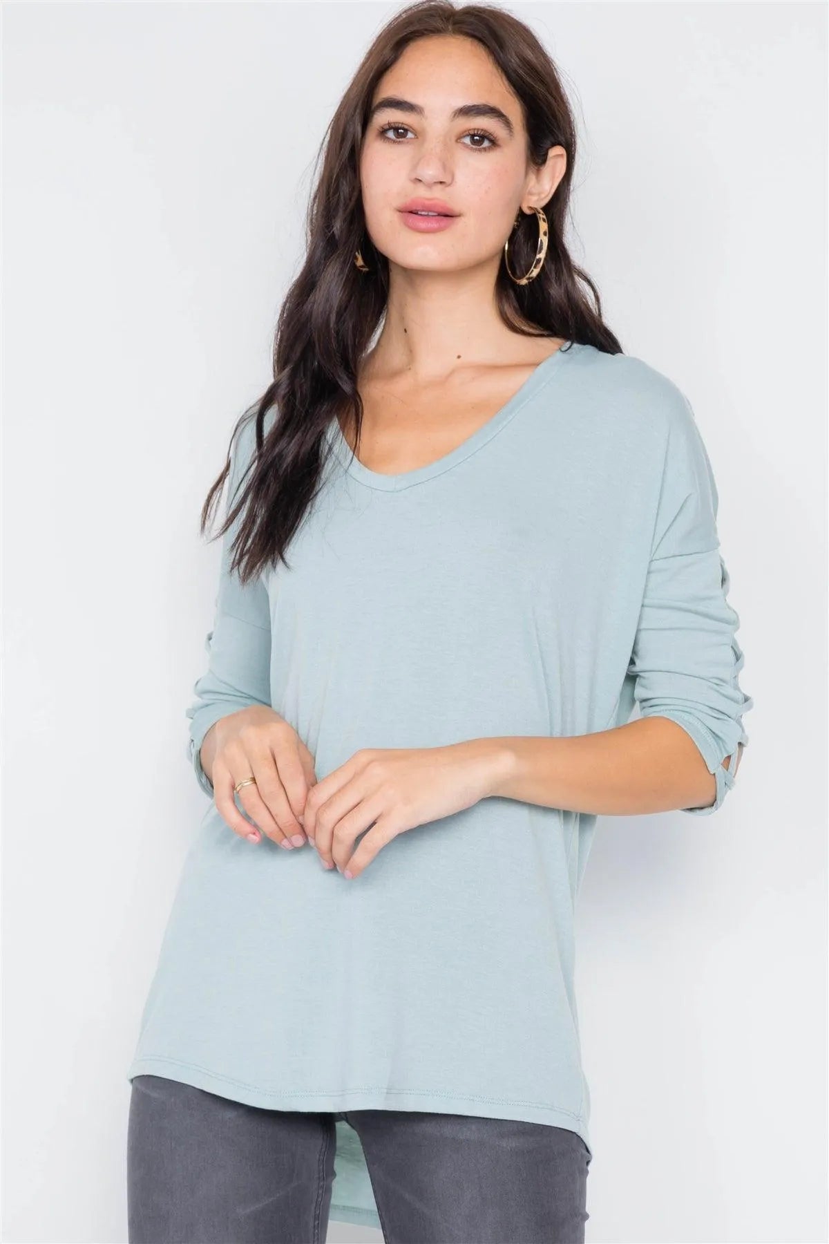 Sage Drop Shoulder Braided Sleeve Round Hem Top /3-2-1 - Tasha Apparel Wholesale
