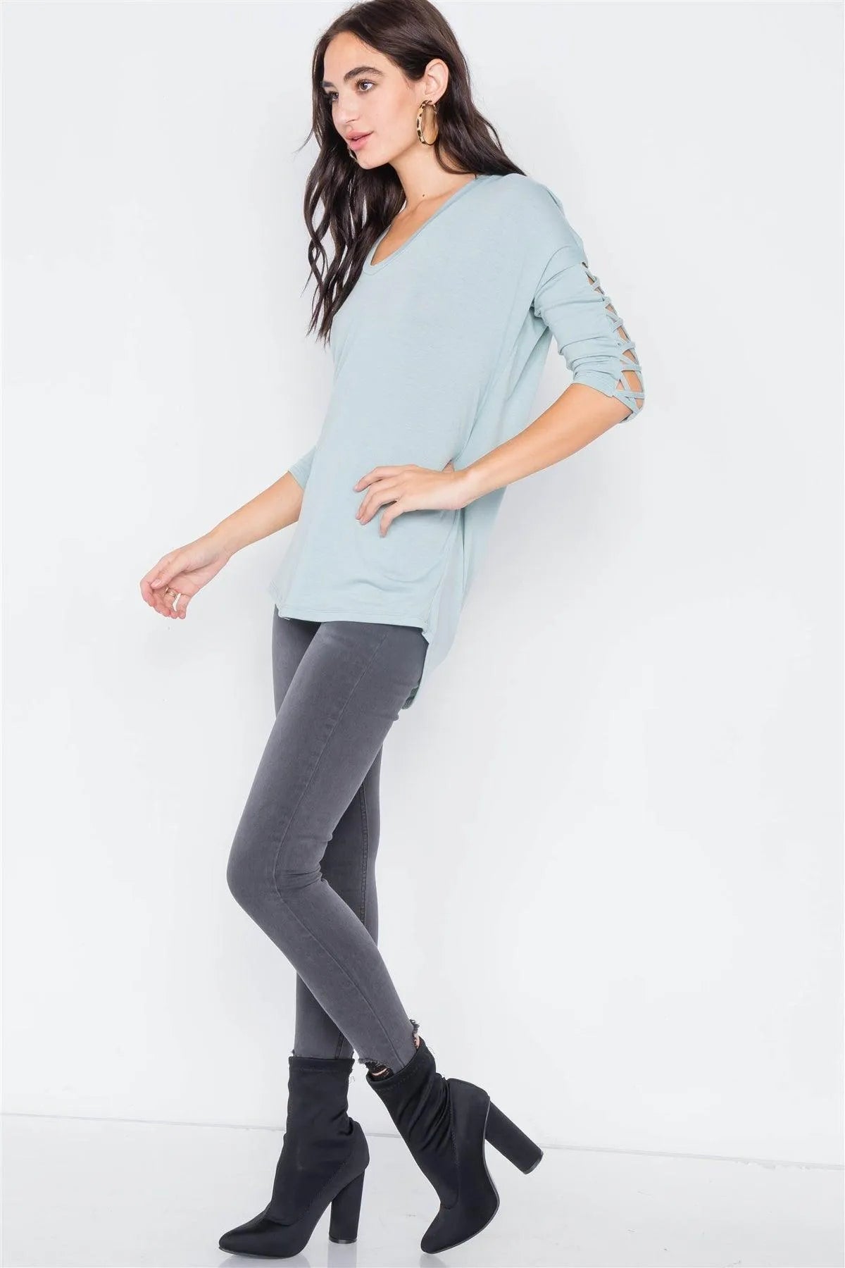 Sage Drop Shoulder Braided Sleeve Round Hem Top /3-2-1 - Tasha Apparel Wholesale