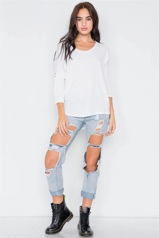 White Drop Shoulder Braided Sleeve Round Hem Top /3-2-1 - Tasha Apparel Wholesale