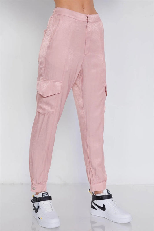 Mauve Satin Cargo Cinched Ankle Relaxed Fit Jogger /3-2-1 - Tasha Apparel Wholesale
