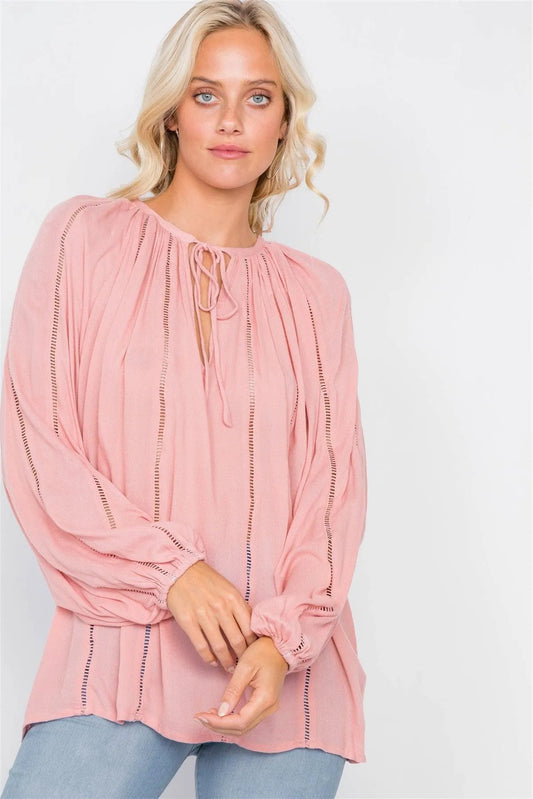 Rose Tan Eyelet V-Neck Scallop Hem Boho Top /3-2-1 - Tasha Apparel Wholesale