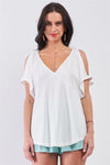 White Cut-Out Shoulder Raw Hem Detail V-Neck Loose Fit Top /3-2-1 - Tasha Apparel Wholesale