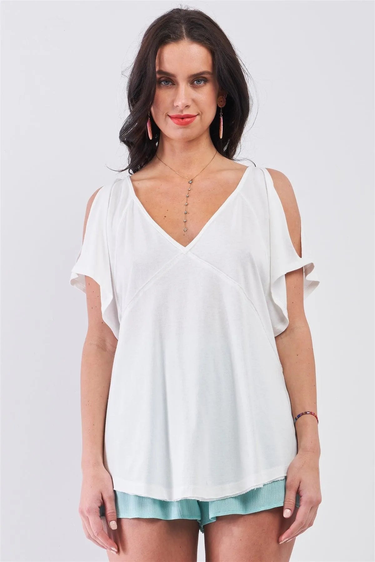 White Cut-Out Shoulder Raw Hem Detail V-Neck Loose Fit Top /3-2-1 - Tasha Apparel Wholesale