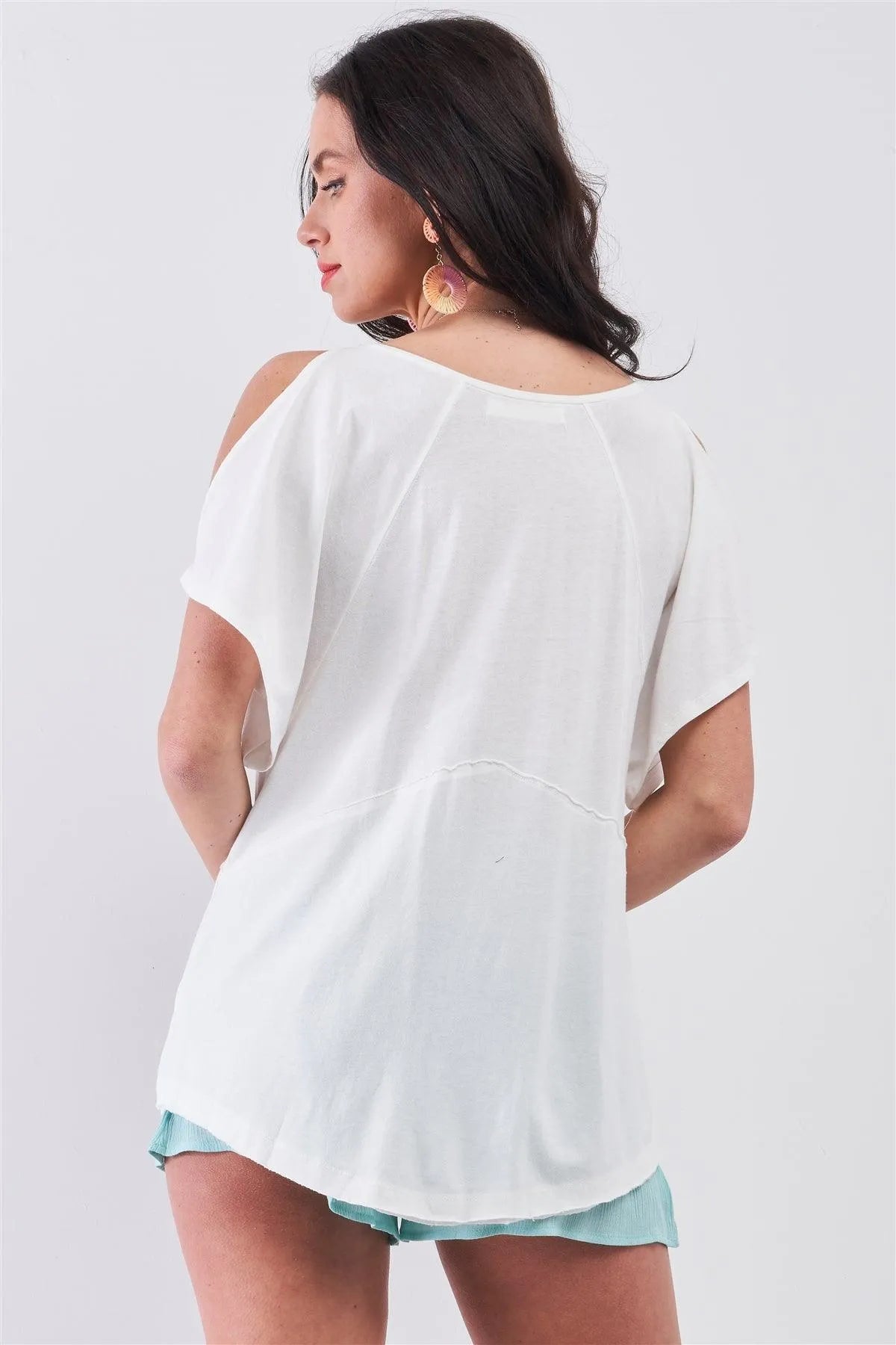 White Cut-Out Shoulder Raw Hem Detail V-Neck Loose Fit Top /3-2-1 - Tasha Apparel Wholesale