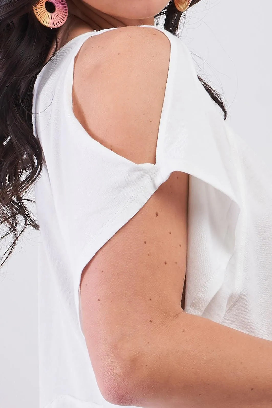White Cut-Out Shoulder Raw Hem Detail V-Neck Loose Fit Top /3-2-1 - Tasha Apparel Wholesale