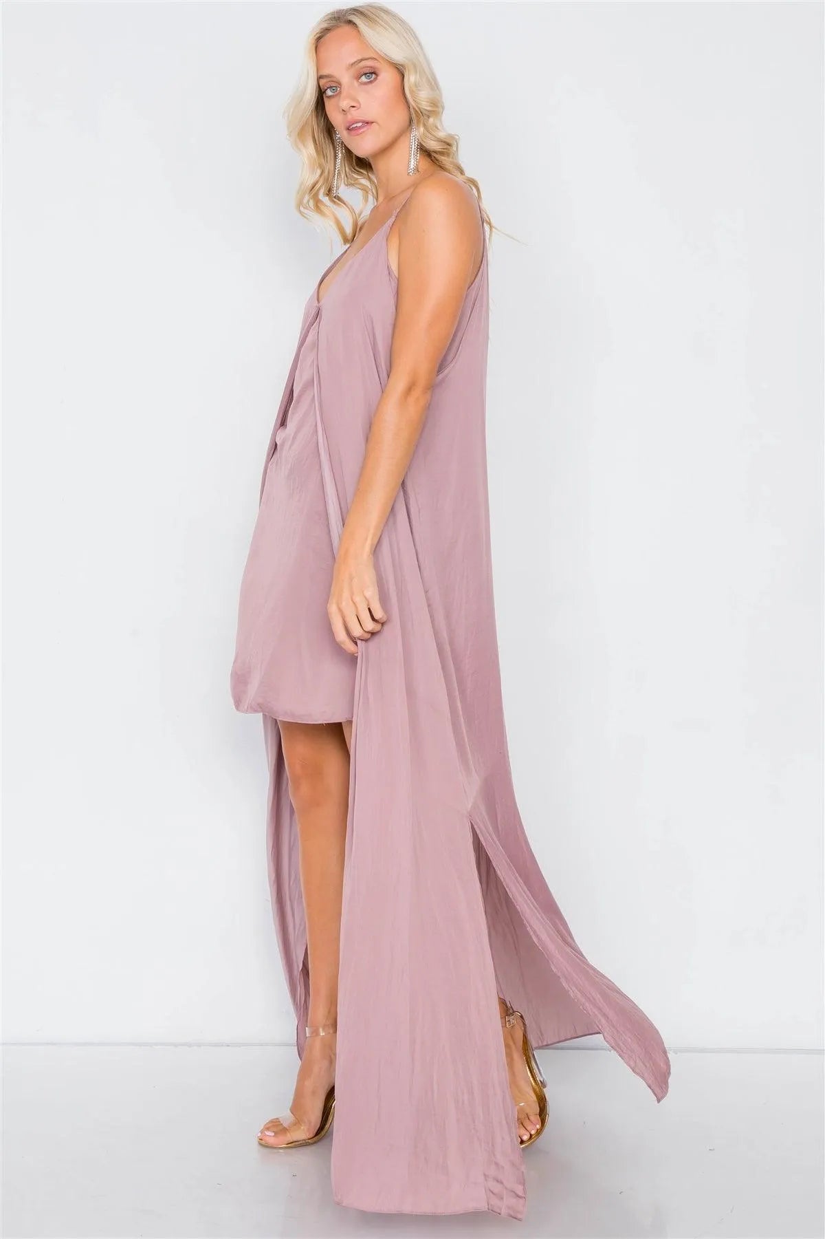 Dusty Mauve V-Neck Satin Cape Mini Dress /3-2-1 - Tasha Apparel Wholesale