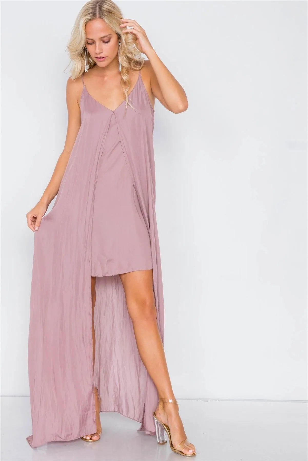 Dusty Mauve V-Neck Satin Cape Mini Dress /3-2-1 - Tasha Apparel Wholesale