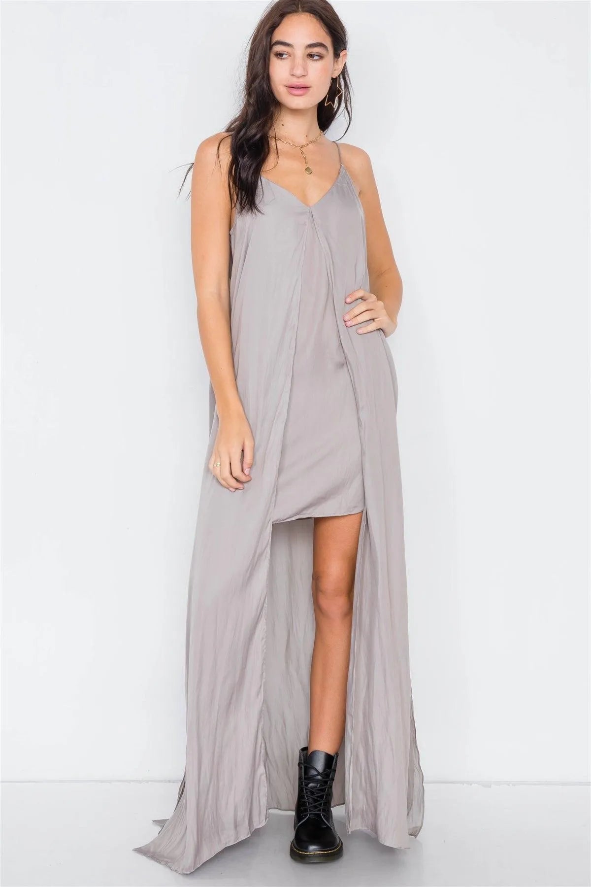 Silver Olive V-Neck Satin Cape Mini Dress /3-2-1 - Tasha Apparel Wholesale