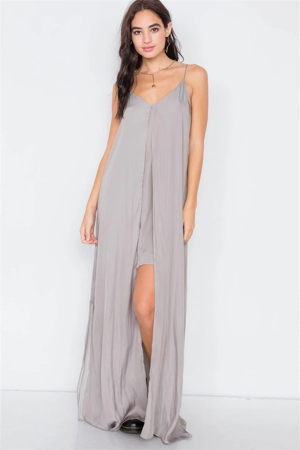 Silver Olive V-Neck Satin Cape Mini Dress /3-2-1 - Tasha Apparel Wholesale