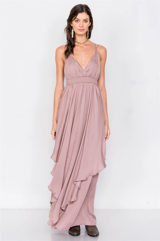 Dusty Mauve Criss Cross Cami Straps V-Neck Maxi Dress /3-2-1 - Tasha Apparel Wholesale