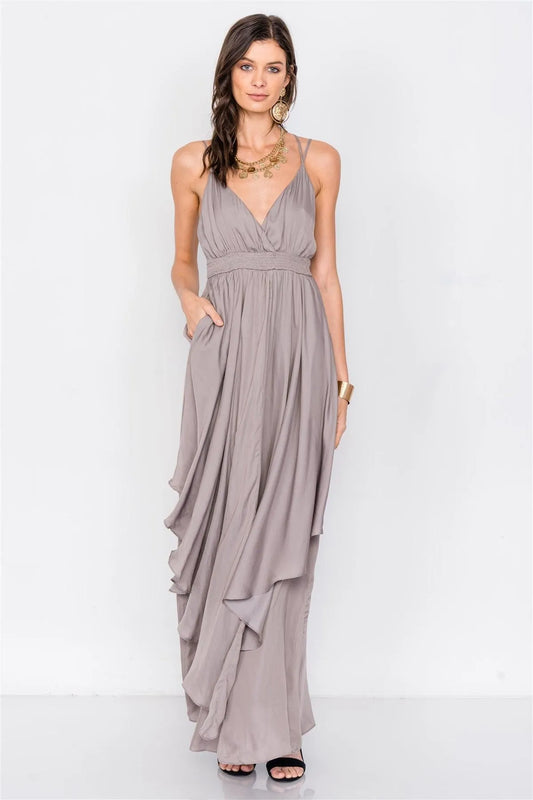 Silver Olive Criss Cross Cami Straps V-Neck Maxi Dress /3-2-1 - Tasha Apparel Wholesale