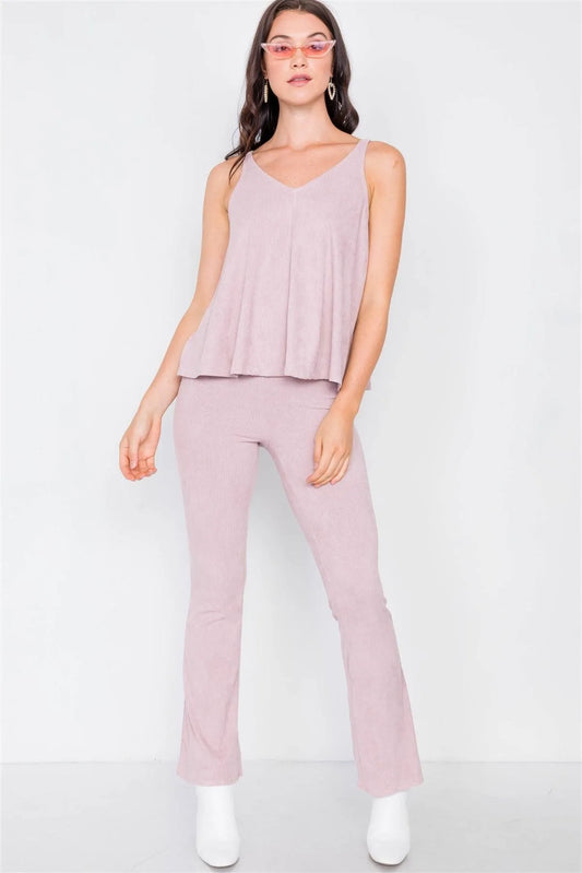 Dusty Rose Suede Corduroy V-Neck Loose Top & High-Waisted Flare Plant Set /3-2-1 - Tasha Apparel Wholesale