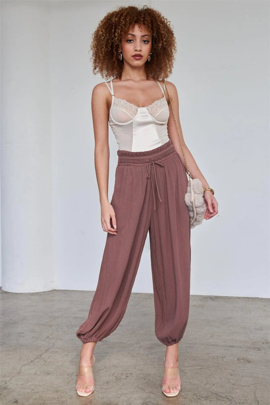 Cocoa Brown Relaxed Fit Boho Chic Genie Pants /3-2-1 - Tasha Apparel Wholesale