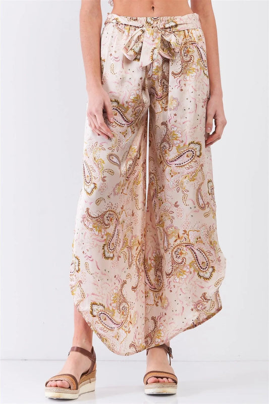Champagne Satin Paisley Print Self-Tie High Waisted Side Slit Detail Asymmetrical Pants /3-2-1 - Tasha Apparel Wholesale