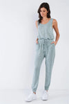 Sage Green Marled Scoop Neck Sleeveless Draw String Jumpsuit /3-2-1 - Tasha Apparel Wholesale