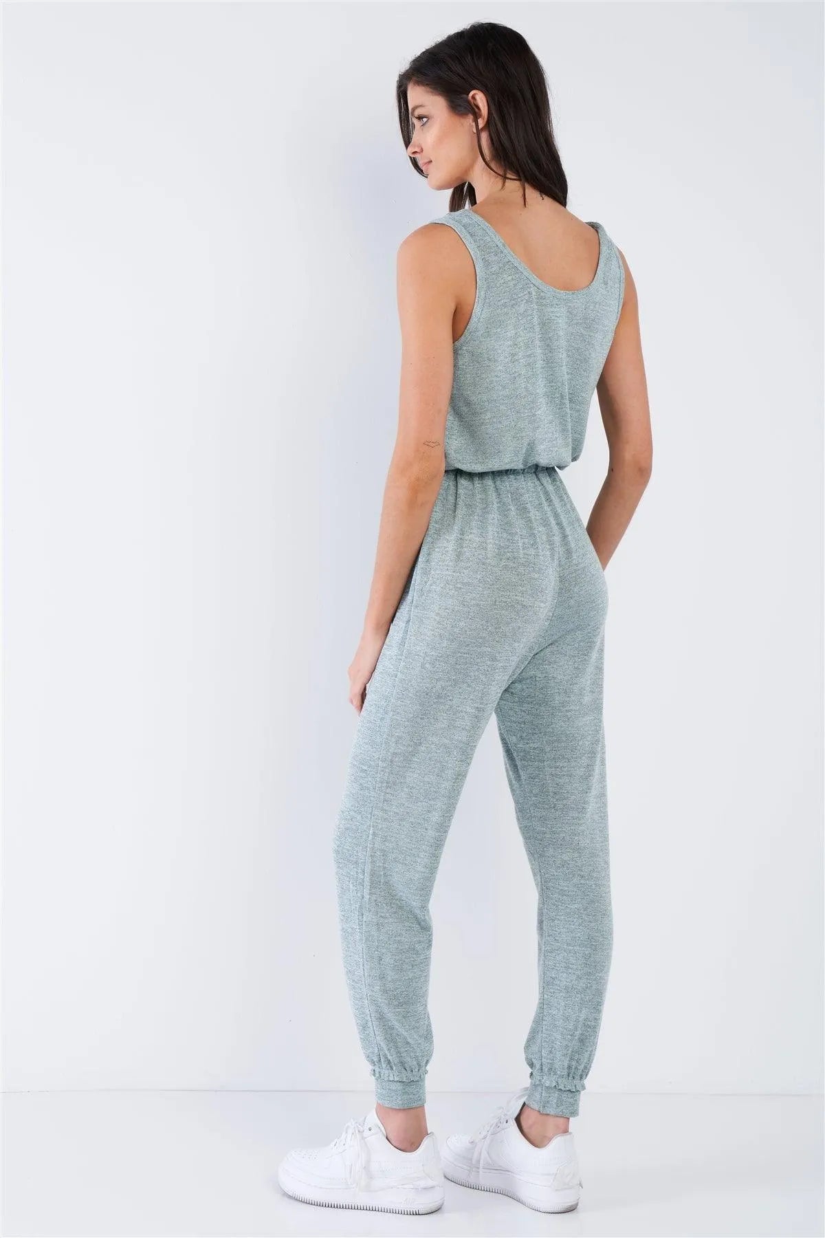 Sage Green Marled Scoop Neck Sleeveless Draw String Jumpsuit /3-2-1 - Tasha Apparel Wholesale
