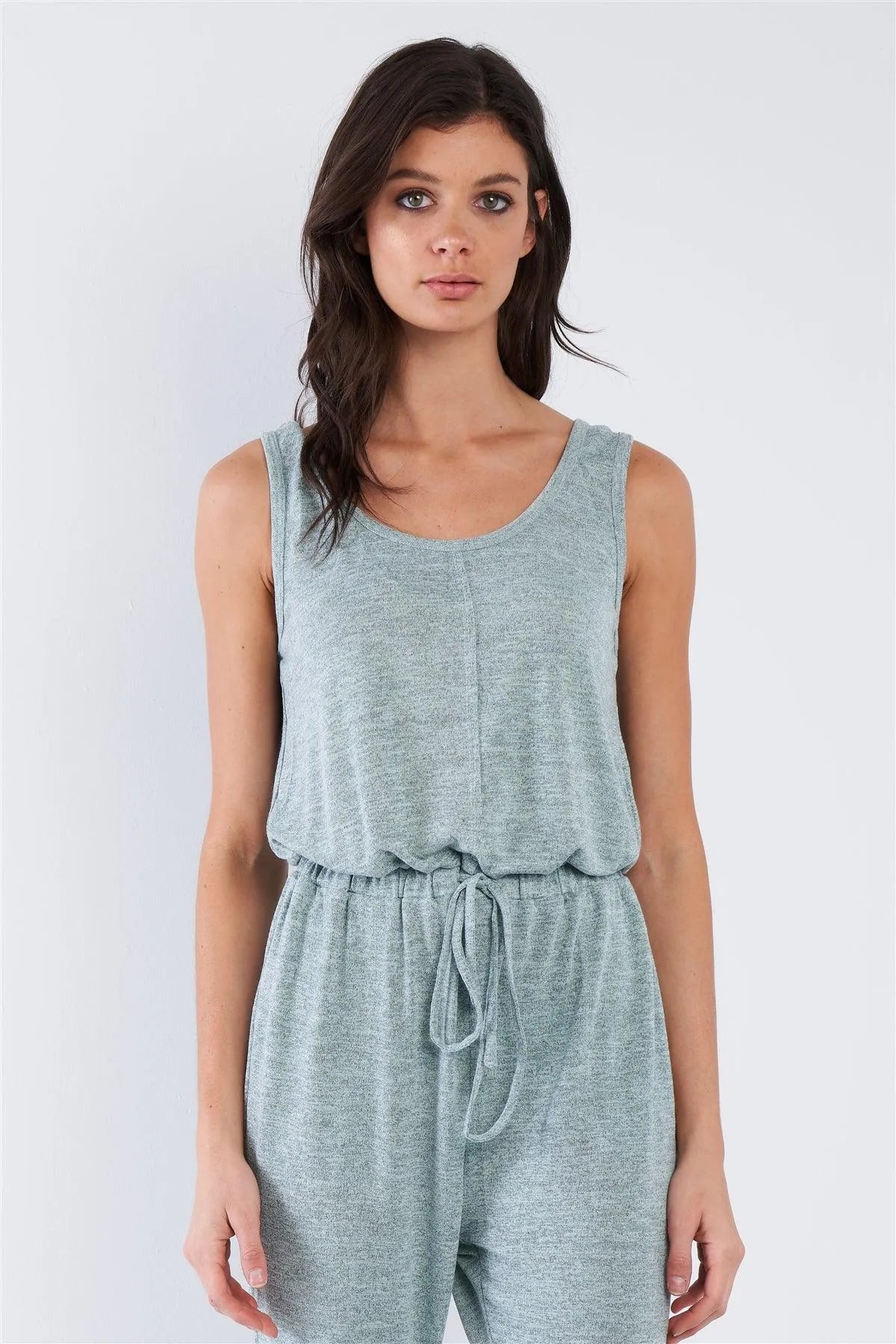 Sage Green Marled Scoop Neck Sleeveless Draw String Jumpsuit /3-2-1 - Tasha Apparel Wholesale