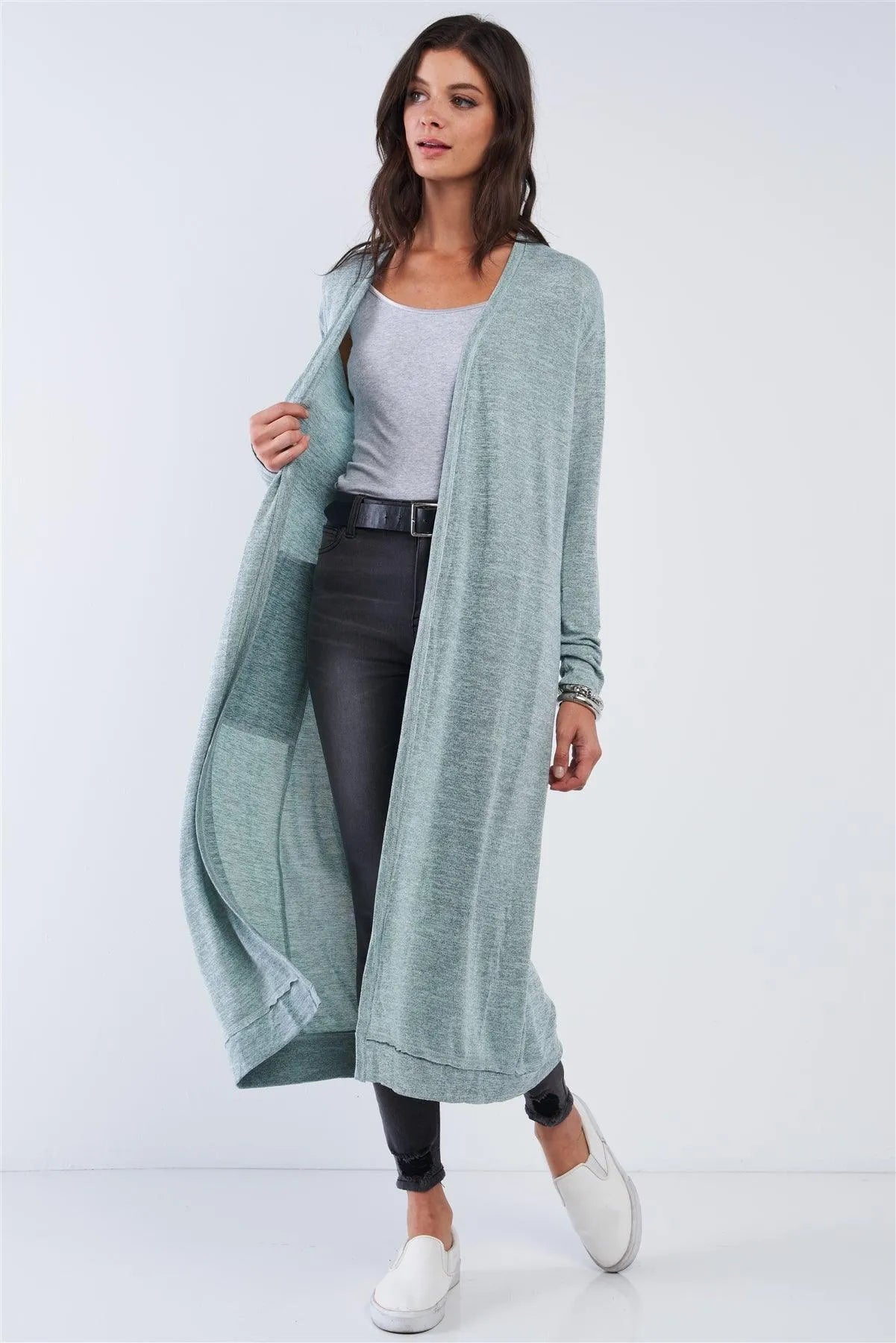 Sage Simplistic Open Front Long Sleeve Midi Cardigan With Side Pockets /3-2-1 - Tasha Apparel Wholesale