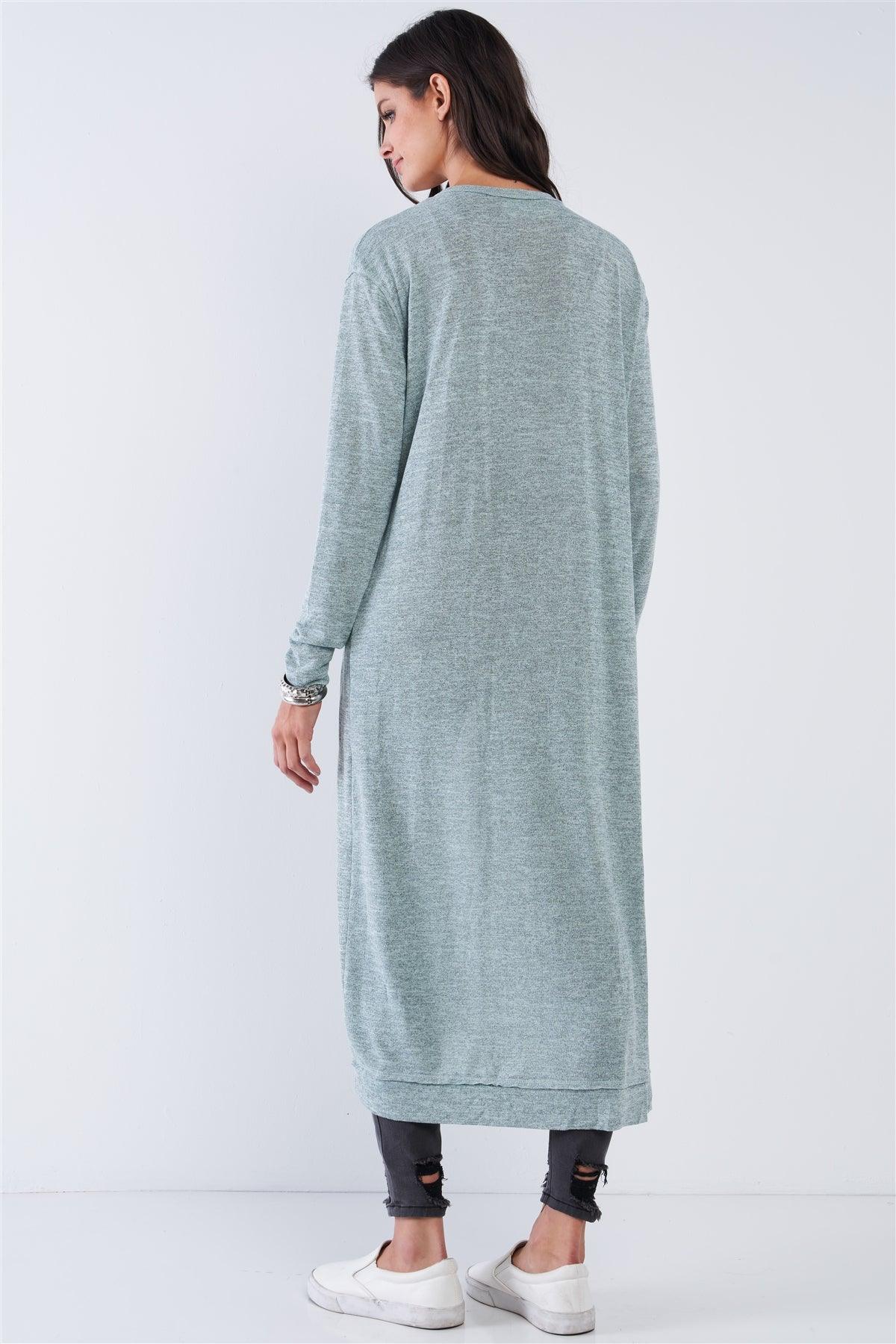 Sage Simplistic Open Front Long Sleeve Midi Cardigan With Side Pockets /3-2-1