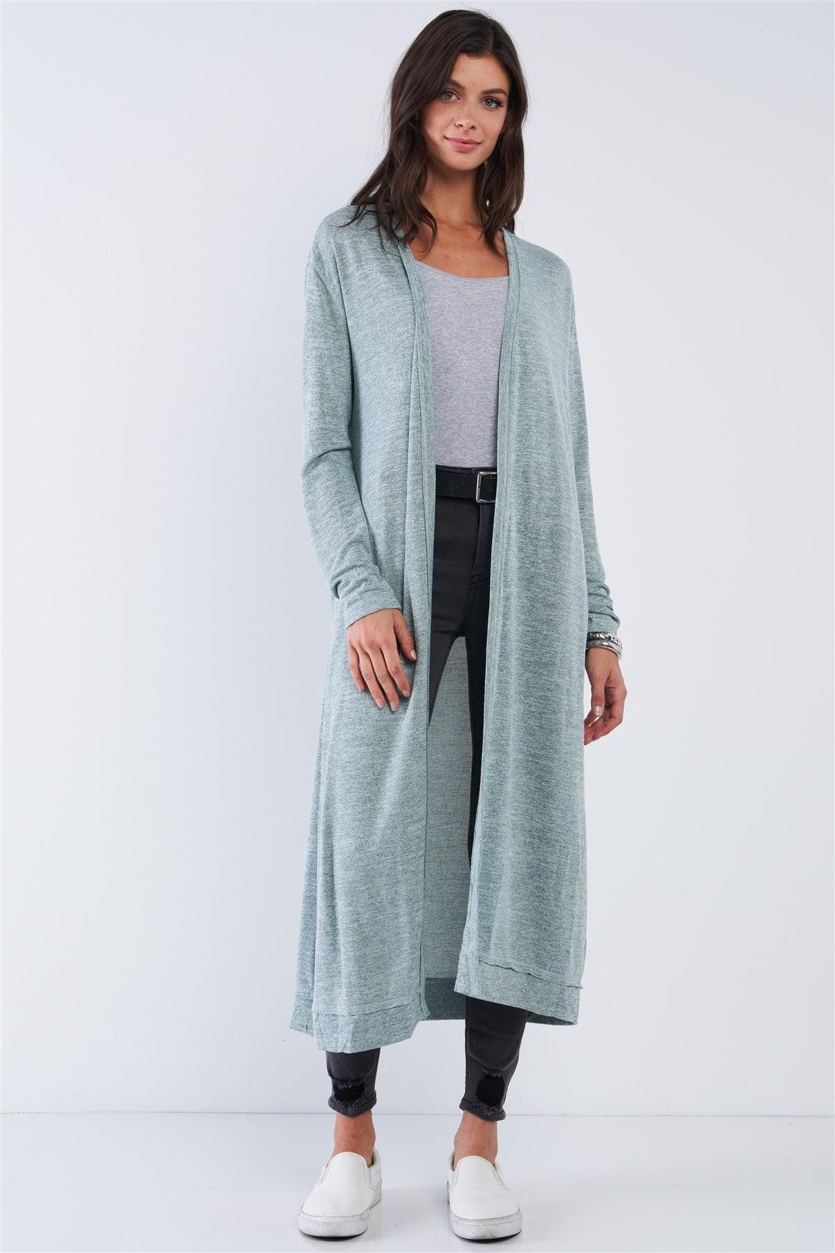 Sage Simplistic Open Front Long Sleeve Midi Cardigan With Side Pockets /3-2-1