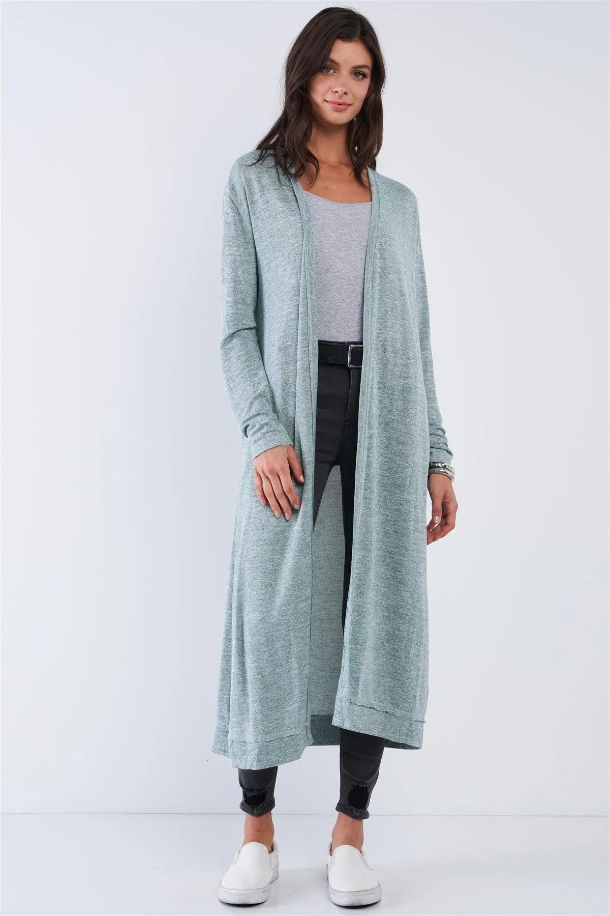 Sage Simplistic Open Front Long Sleeve Midi Cardigan With Side Pockets /3-2-1 - Tasha Apparel Wholesale