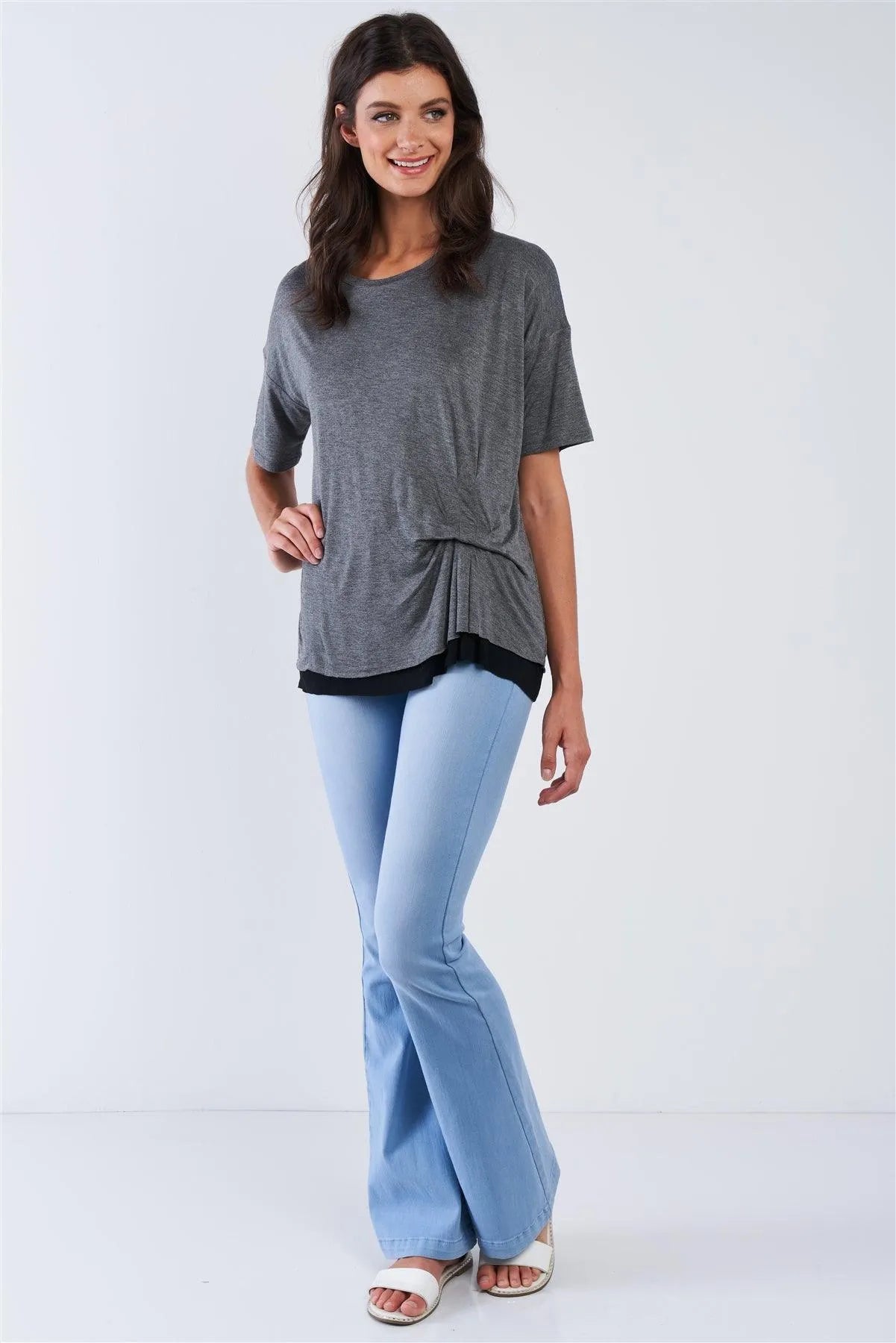 Charcoal Layered Soft Loose Fit Short Sleeve Top With One Sided Cinched Seam /3-2-1 - Tasha Apparel Wholesale