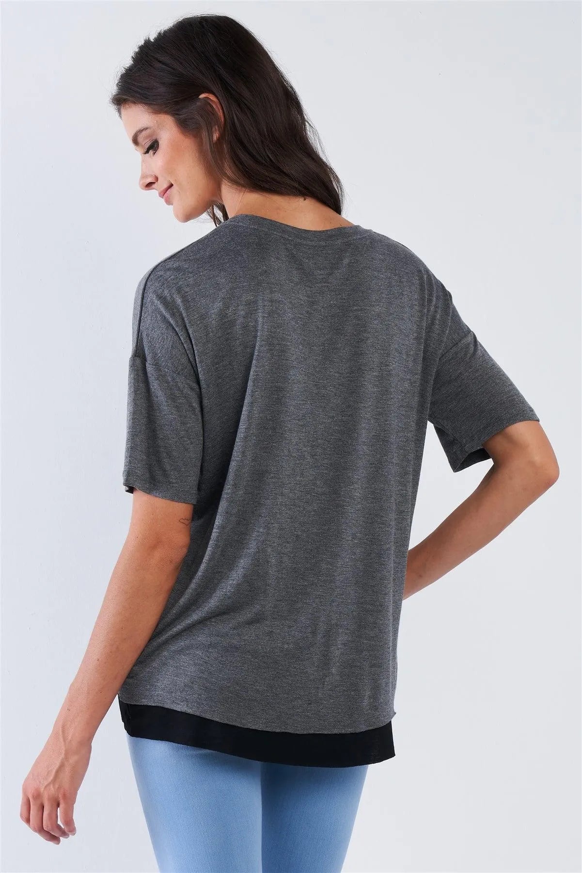 Charcoal Layered Soft Loose Fit Short Sleeve Top With One Sided Cinched Seam /3-2-1 - Tasha Apparel Wholesale