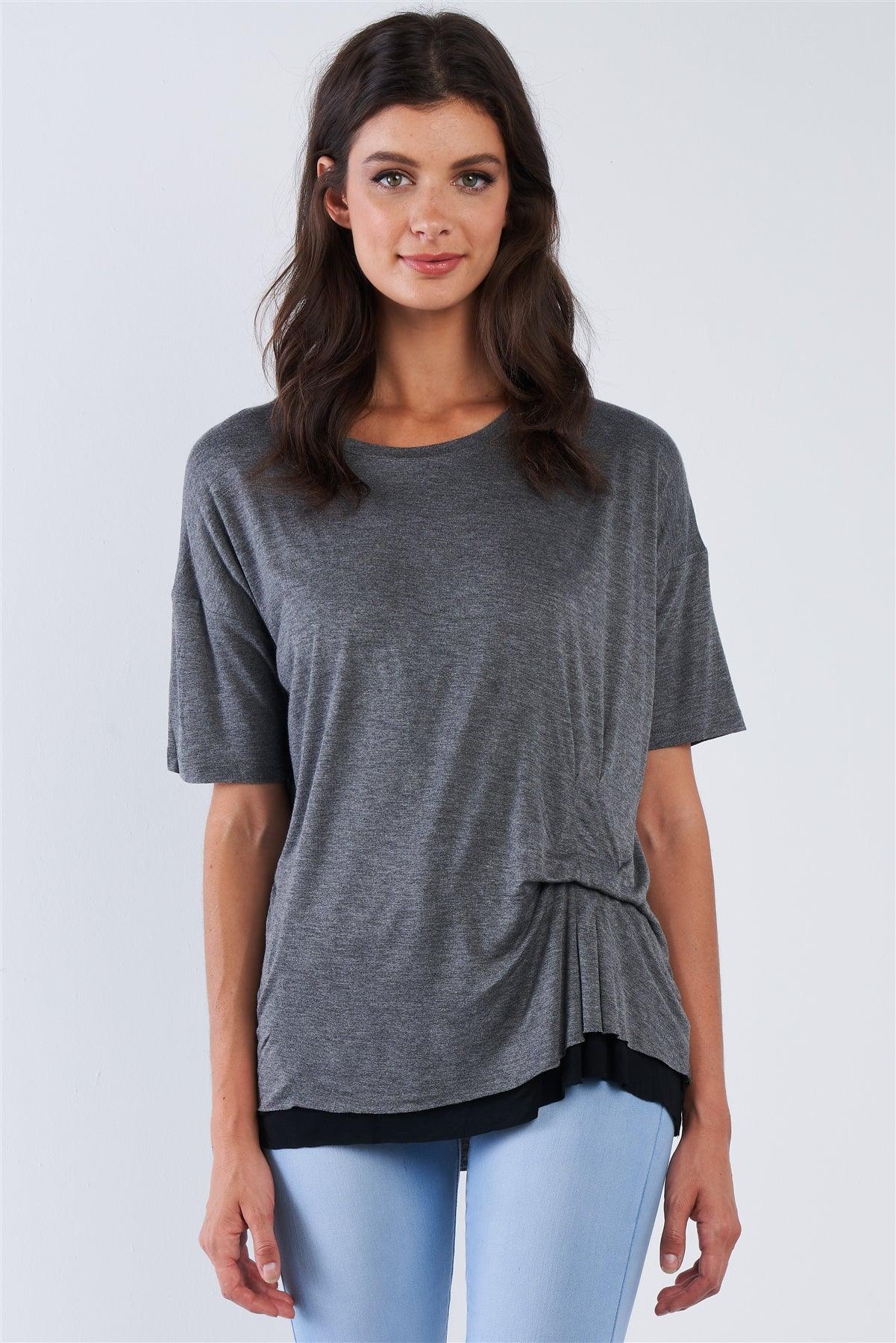 Charcoal Layered Soft Loose Fit Short Sleeve Top With One Sided Cinched Seam