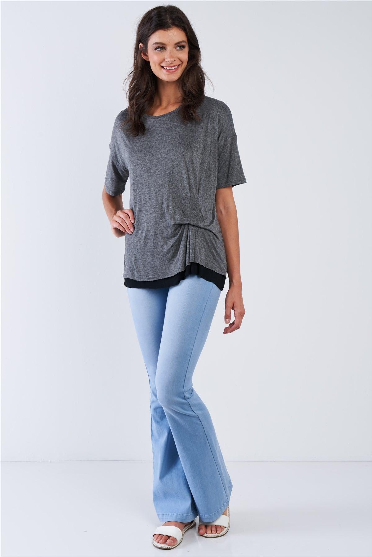 Charcoal Layered Soft Loose Fit Short Sleeve Top With One Sided Cinched Seam