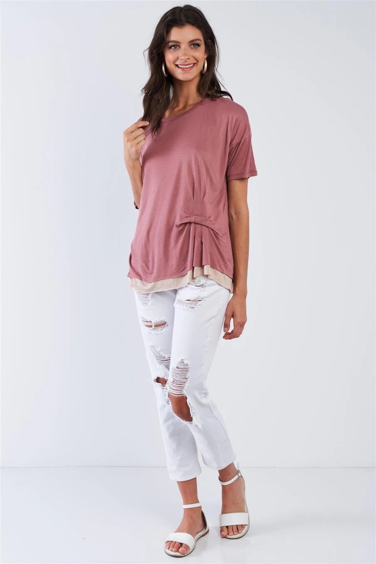 Smoke Rose Layered Soft Loose Fit Short Sleeve Top With One Sided Cinched Seam /3-2-1 - Tasha Apparel Wholesale