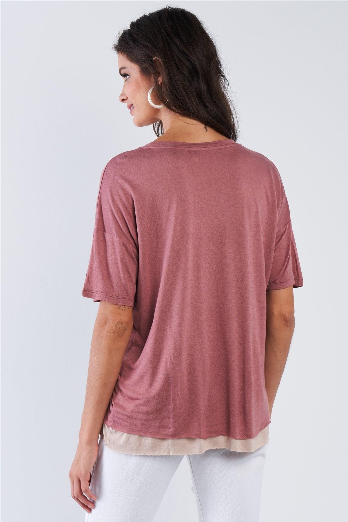 Smoke Rose Layered Soft Loose Fit Short Sleeve Top With One Sided Cinched Seam